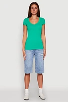 Womens V Neck Basic Short Sleeve Tee, Green, Size S