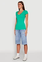 Womens V Neck Basic Short Sleeve Tee, Green, Size S