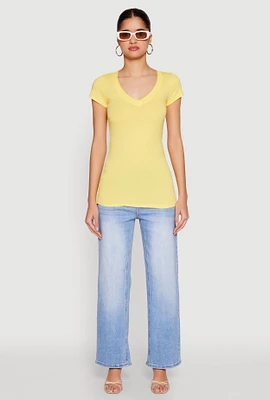 Womens V Neck Basic Short Sleeve Tee, Yellow, Size L