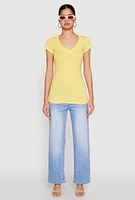 Womens V Neck Basic Short Sleeve Tee, Yellow, Size L