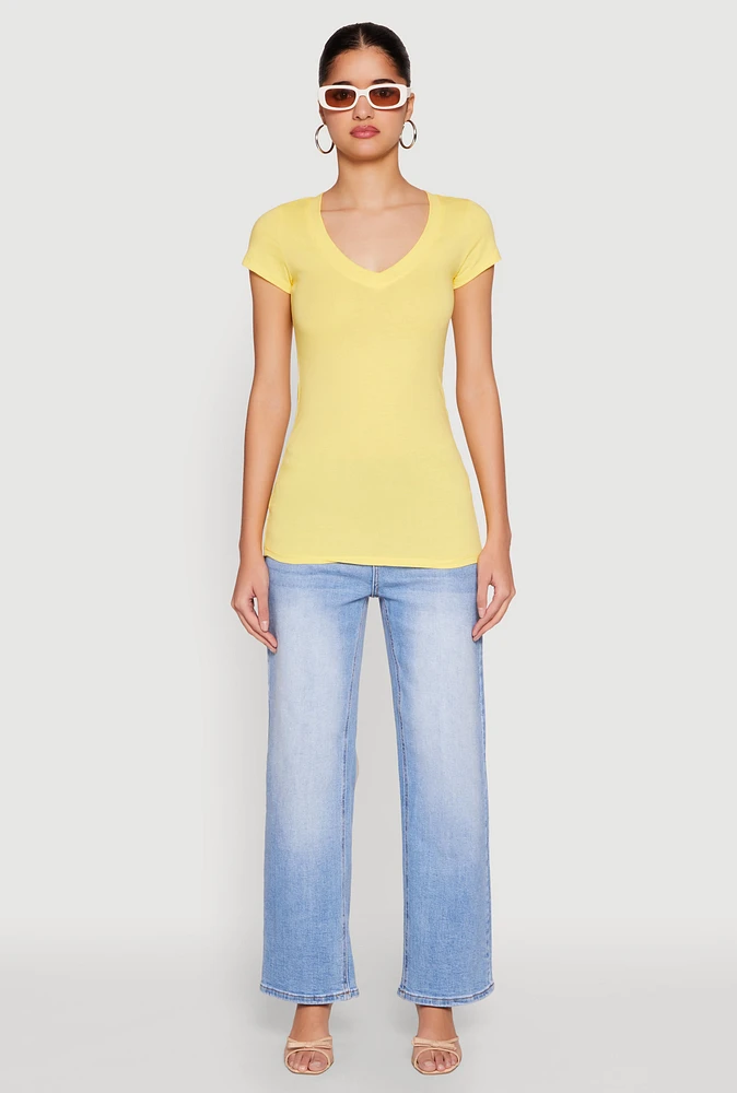Womens V Neck Basic Short Sleeve Tee, Yellow, Size L