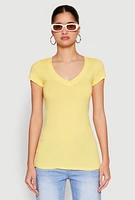 Womens V Neck Basic Short Sleeve Tee, Yellow, Size L