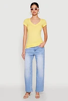 Womens V Neck Basic Short Sleeve Tee, Yellow, Size L