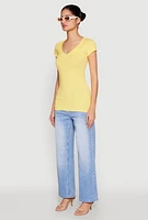 Womens V Neck Basic Short Sleeve Tee, Yellow, Size L