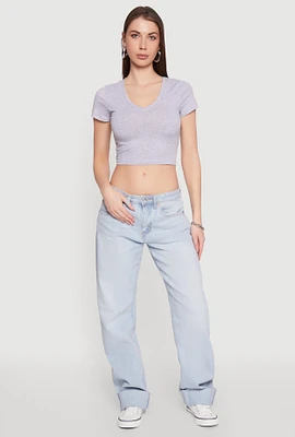 Womens Short Sleeve V Neck Crop Top, Grey, Size L