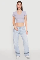 Womens Short Sleeve V Neck Crop Top, Grey, Size L