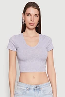Womens Short Sleeve V Neck Crop Top, Grey, Size L