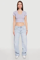 Womens Short Sleeve V Neck Crop Top, Grey, Size L
