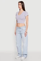 Womens Short Sleeve V Neck Crop Top, Grey, Size L