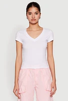 Womens V Neck Short Sleeve Basic Tee, White, Size M