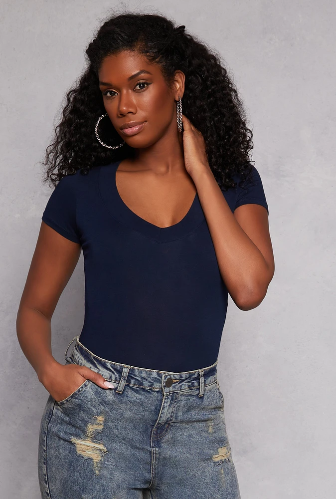 Womens Short Sleeve V Neck T Shirt, Blue, Size L