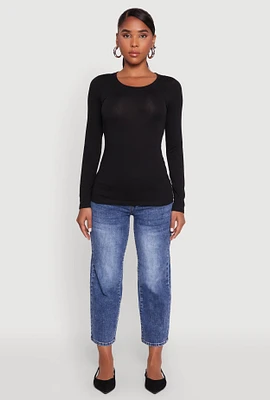 Womens Basic Long Sleeve Crew Neck T Shirt, Black, Size L
