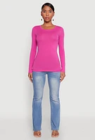 Womens Basic Long Sleeve Crew Neck T Shirt, Pink, Size L