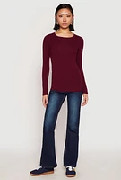 Womens Basic Long Sleeve Crew Neck T Shirt, Burgundy, Size M