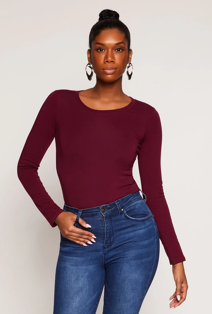 Womens Long Sleeve Crew Neck Top, Burgundy, Size M