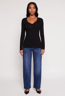 Womens Basic Long Sleeve V Neck Tee,