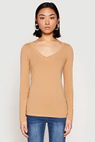 Womens Basic Long Sleeve V Neck Tee,