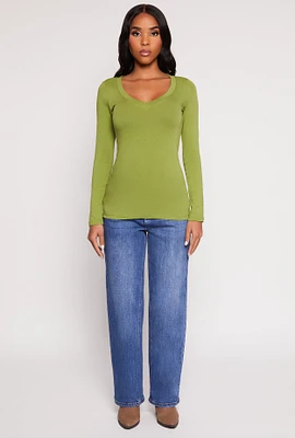 Womens Basic Long Sleeve V Neck Tee, Green, Size L