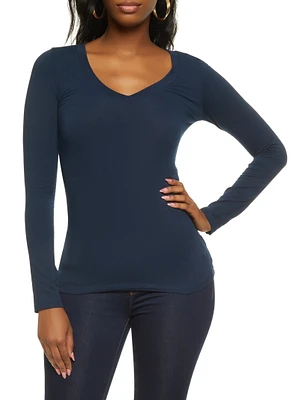 Womens Basic Long Sleeve V Neck Tee,