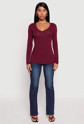 Womens Basic Long Sleeve V Neck Tee,
