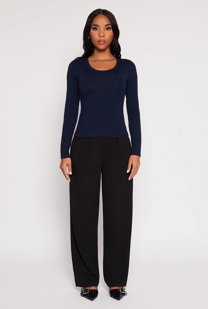 Womens Basic Scoop Neck Long Sleeve Top, Blue, Size S