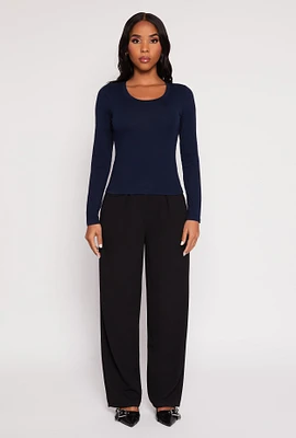 Womens Basic Scoop Neck Long Sleeve Top, Blue, Size S