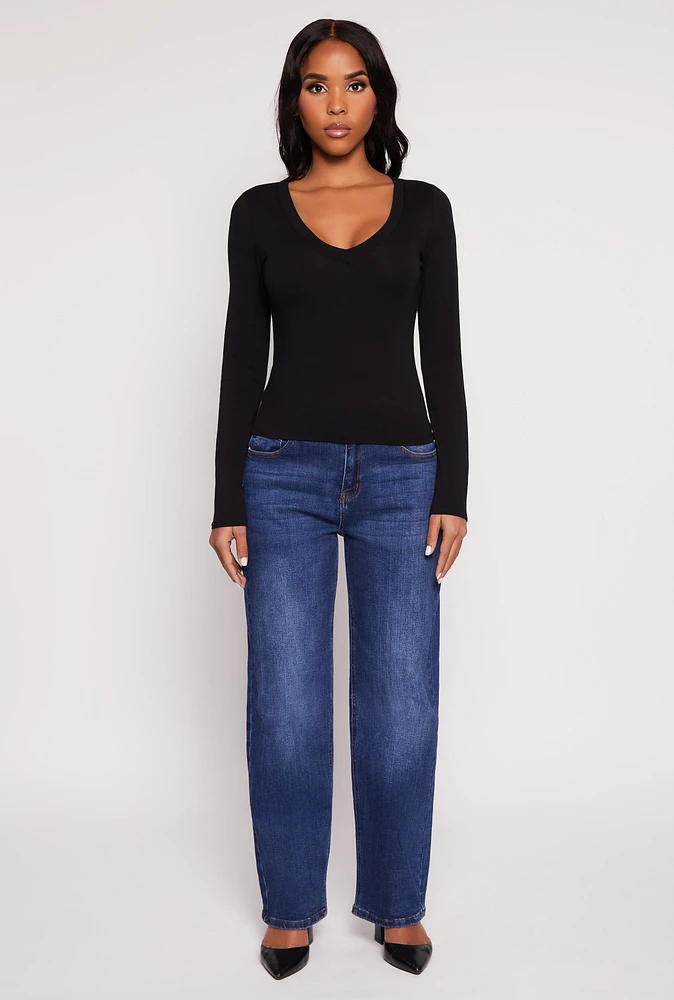 Womens Basic Long Sleeve V Neck Top, L