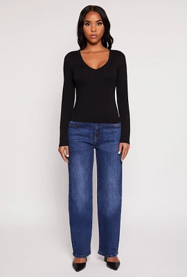 Womens Basic Long Sleeve V Neck Top, L