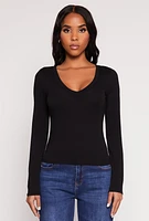 Womens Basic Long Sleeve V Neck Top, L