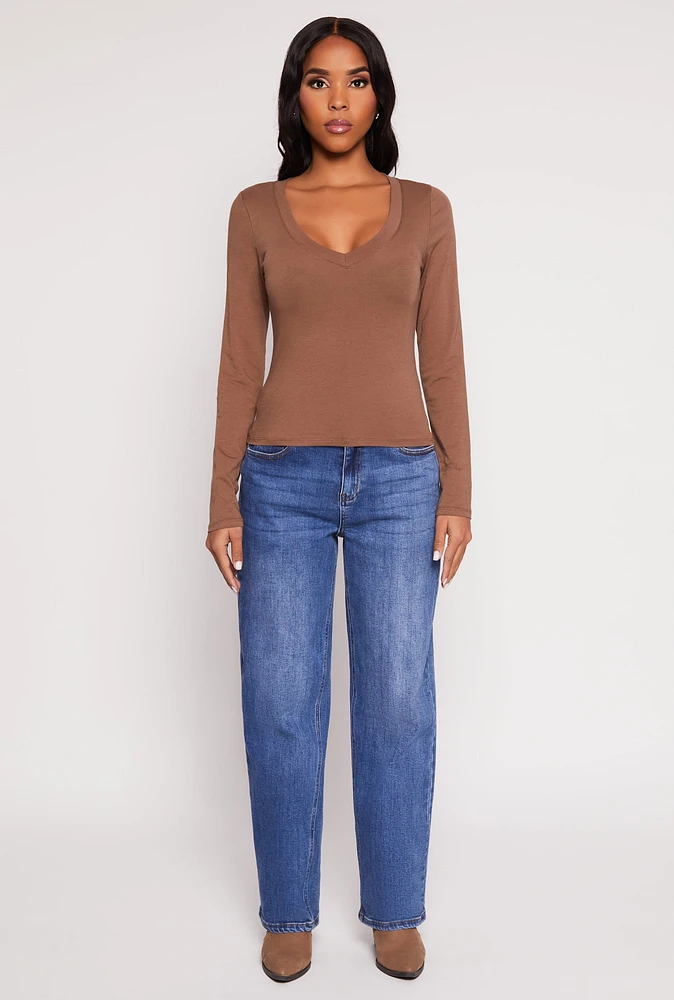 Womens Basic Long Sleeve V Neck Top,