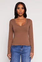 Womens Basic Long Sleeve V Neck Top,