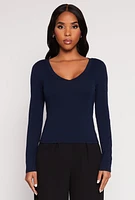 Womens Basic Long Sleeve V Neck Top, Blue,