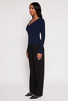 Womens Basic Long Sleeve V Neck Top, Blue,