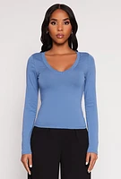 Womens Basic Long Sleeve V Neck Top, Blue,