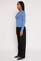 Womens Basic Long Sleeve V Neck Top, Blue,