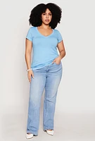 Womens Plus Size Basic V Neck T Shirt, Blue, Size 1X