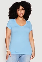 Womens Plus Size Basic V Neck T Shirt, Blue, Size 1X