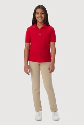 French Toast Girls 4-6x Picot Collar Short Sleeve Interlock Polo, Red, Size 4-5