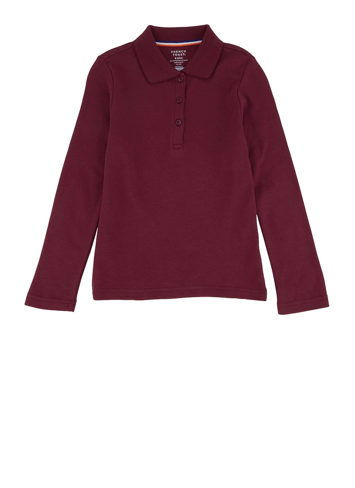French Toast Girls 4-6x Solid Long Sleeve Interlock Polo Shirt, Burgundy, Size 4-5
