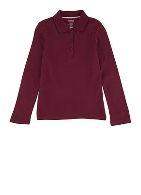 French Toast Girls 4-6x Solid Long Sleeve Interlock Polo Shirt, Burgundy, Size 4-5