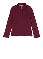 French Toast Girls 4-6x Solid Long Sleeve Interlock Polo Shirt, Burgundy, Size 4-5