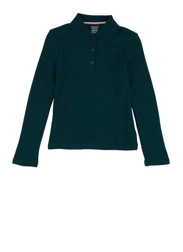 French Toast Girls 7-16 Solid Long Sleeve Interlock Polo Shirt, Green, Size 4-5