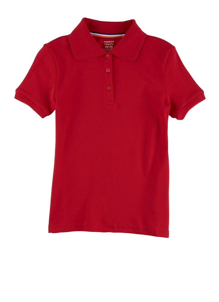 French Toast Girls 7-16 Solid Scalloped Collar Interlock Polo Shirt, Red, Size 7-8