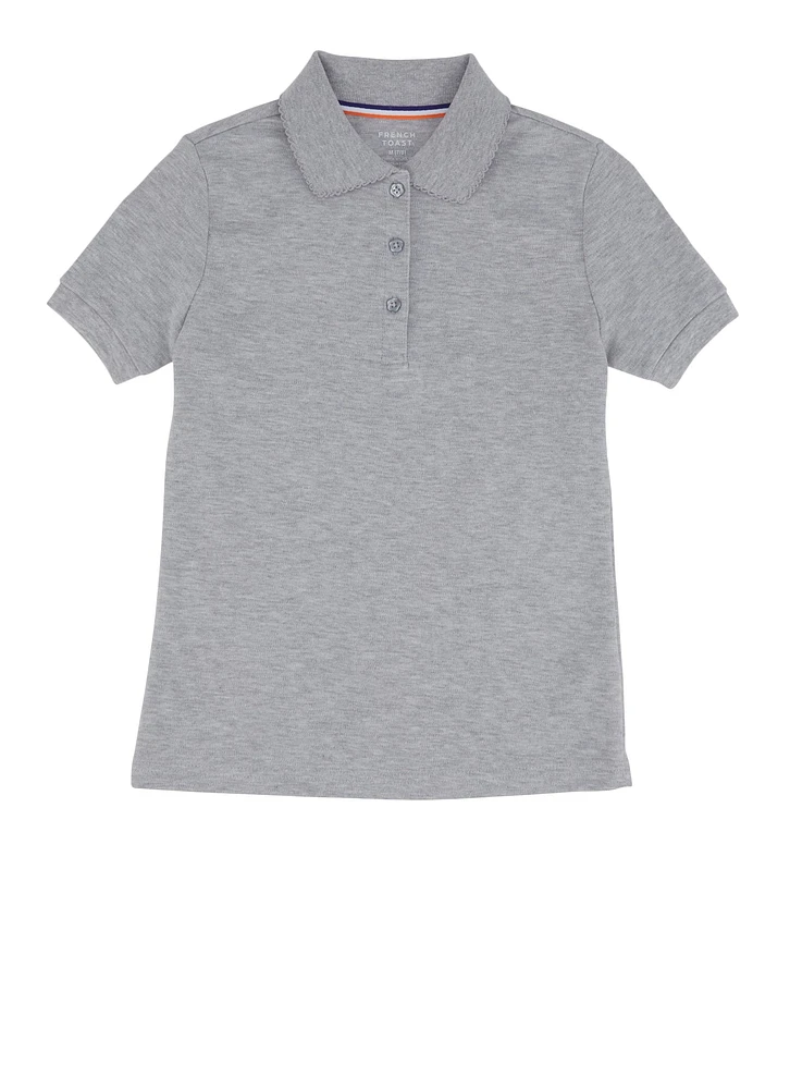 French Toast Girls 7-16 Scalloped Collar Interlock Polo Shirt, Grey, Size 7-8