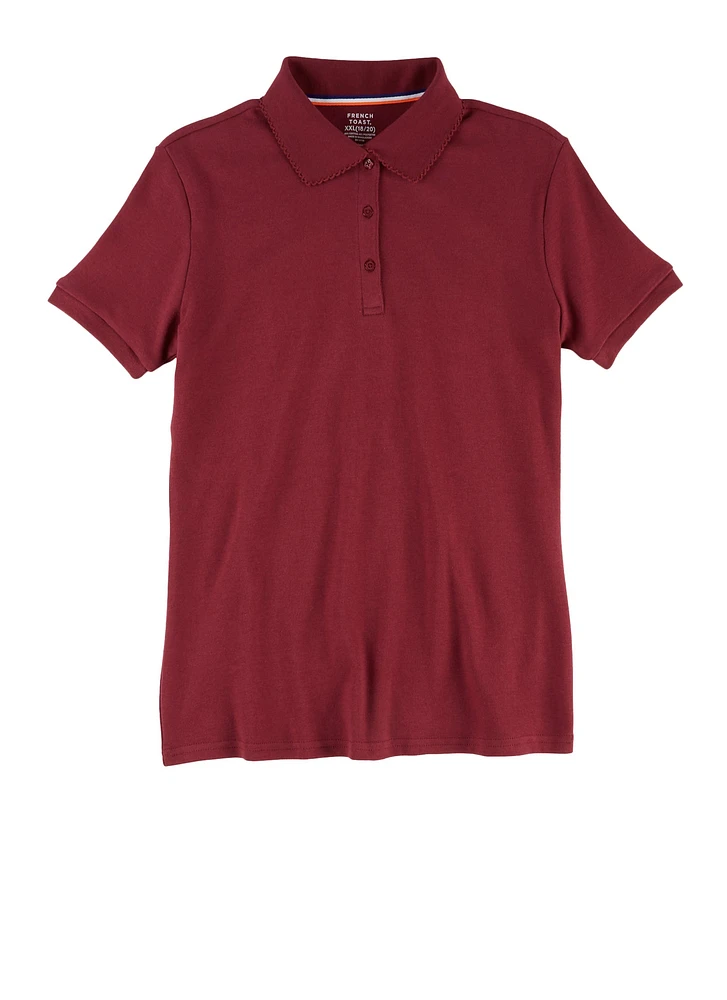 French Toast Girls 16-20 Picot Collar Short Sleeve Polo Shirt, Burgundy, Size 18-20H