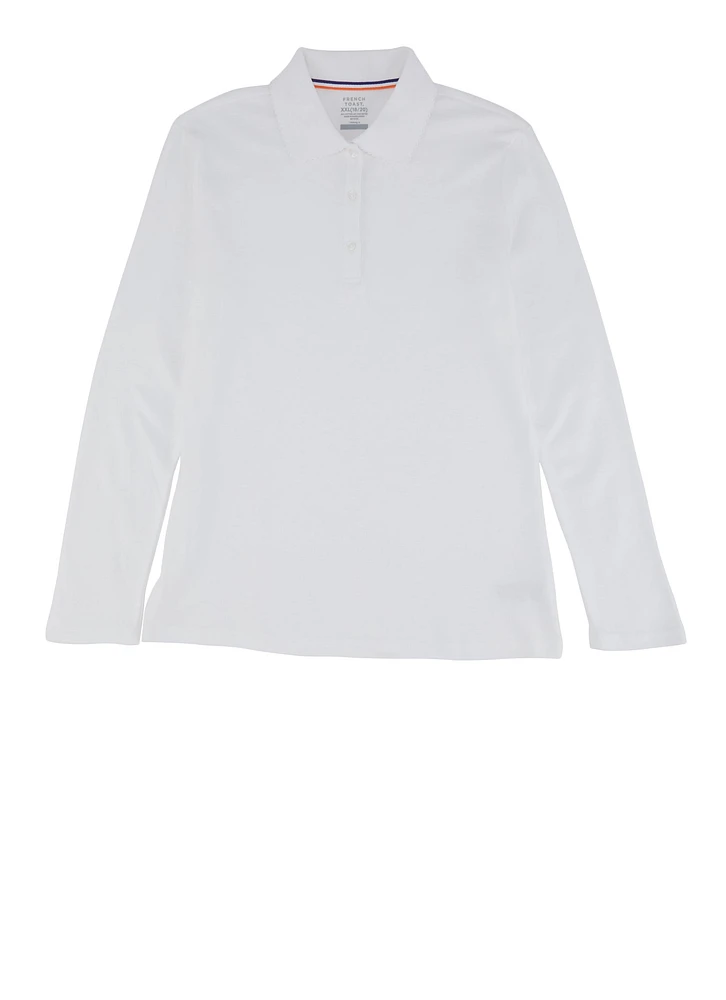French Toast Girls 16-20 Interlock Long Sleeve Polo Shirt, White, Size 18-20H