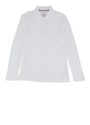French Toast Girls 16-20 Interlock Long Sleeve Polo Shirt, White, Size 18-20H