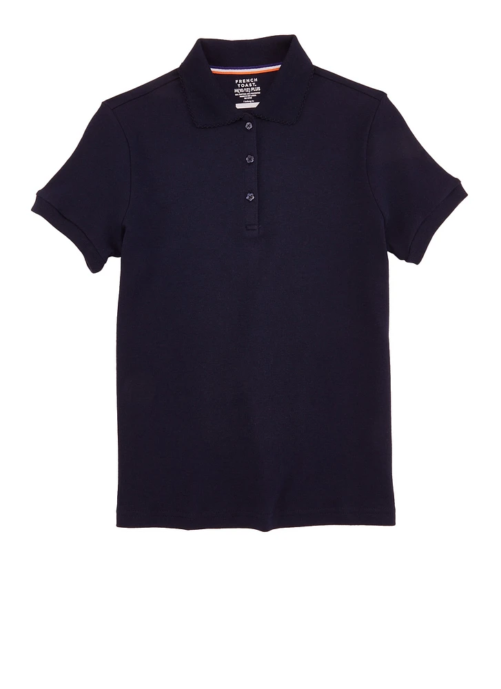 French Toast Girls Plus Size 10-20 Picot Polo Shirt, Blue, Size 10-12P