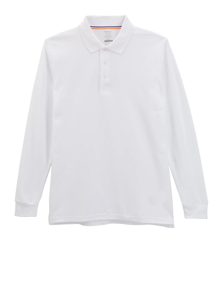French Toast Boys Husky 18-20 Long Sleeve Pique Polo, White, Size 18-20