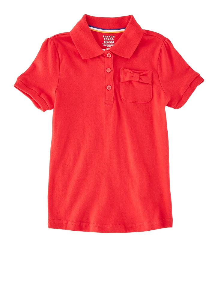 French Toast Girls 4-6x Solid Bow Pocket Detail Polo Shirt, Red, Size 6-6X